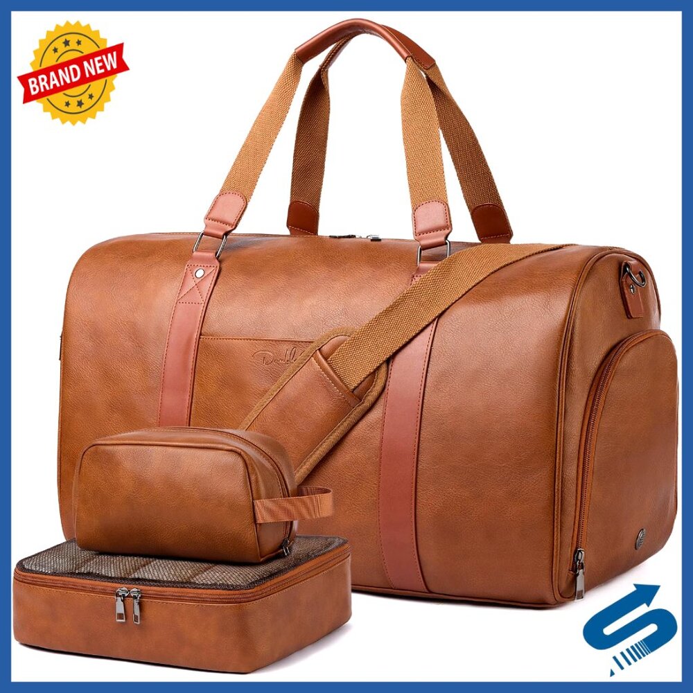 3-In-1 Leather Duffle Bag With Toiletry & Shoe Compartment, Weekender Carry On